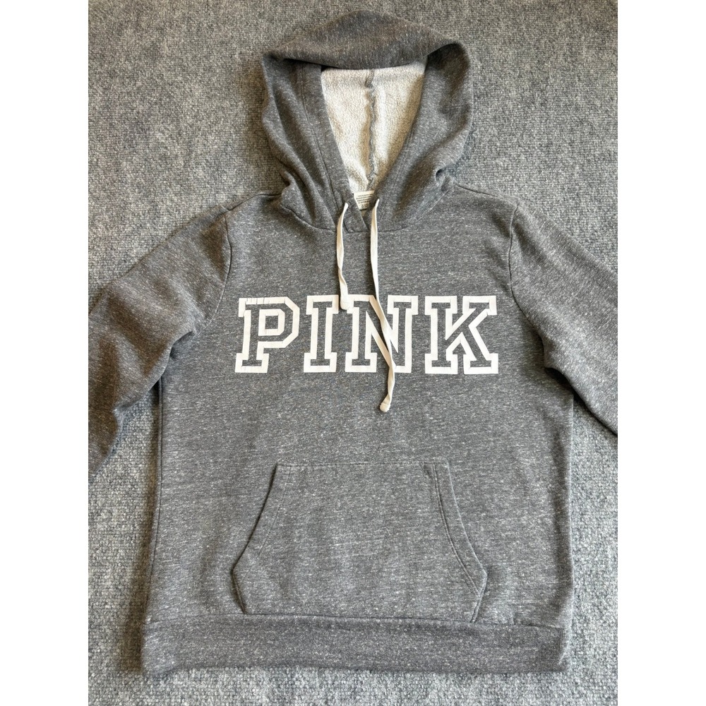 Victoria's Secret PINK Hoodie Gray Heathered Logo Pullover Sweatshirt Womens M